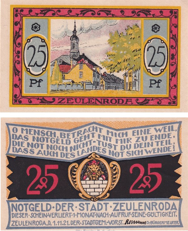NotgeldAlmanya, Zeulenroda, 25 Pfennig (1921) Townscape Series (5) Notgeld