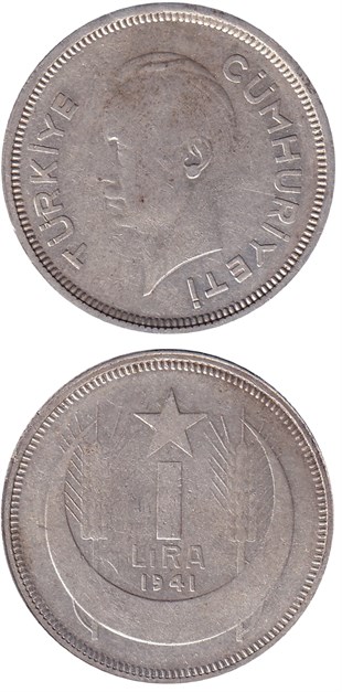 1934-1957 Dönemi Madeni Paraları1 Lira (1941) Gümüş ÇÇT Eski Madeni Para