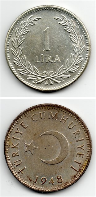 1 Lira (1948) Gümüş (600 Ayar) ÇİL Eski Madeni Para