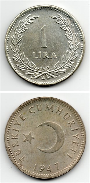 1 Lira (1947) Gümüş (600 Ayar) ÇİL Eski Madeni Para