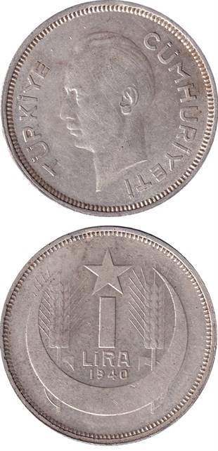 1934-1957 Dönemi Madeni Paraları1 Lira (1940) Gümüş ÇÇT Eski Madeni Para