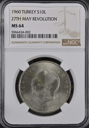 NGC MS64 10 Lira (1960) Gümüş 
