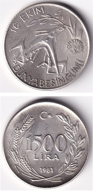 1981-2004 Dönemi Madeni ParalarıF.A.O. 1.500 Lira (1981) Gümüş Dünya Besin Günü ÇİL Eski Madeni Para