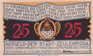 NotgeldAlmanya, Zeulenroda, 25 Pfennig (1921) Townscape Series (2) Notgeld  