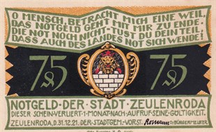 NotgeldAlmanya, Zeulenroda, 75 Pfennig (1921) History Series (2) Notgeld