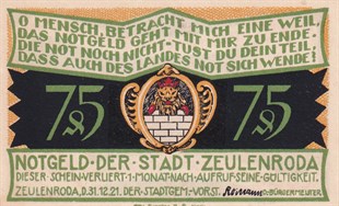 NotgeldAlmanya, Zeulenroda, 75 Pfennig (1921) History Series (4) Notgeld