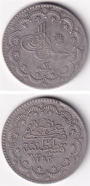 Osmanlı Dönemi Madeni ParalarSultan II. Abdülhamid, Gümüş 5 Kuruş 1293/12 (1886) ÇT/ÇÇT Eski Madeni Para