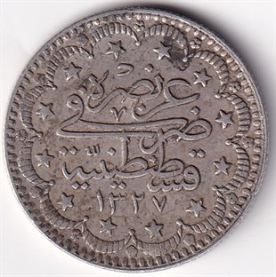 Osmanlı Dönemi Madeni ParalarSultan V. Mehmed Reşad, Gümüş 5 Kuruş 1327/3 (1911) ÇT/ÇÇT Eski Madeni Para