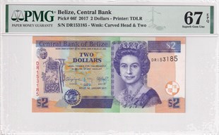 Belize, 2 Dolar 2017 P#66f PMG 67EPQ